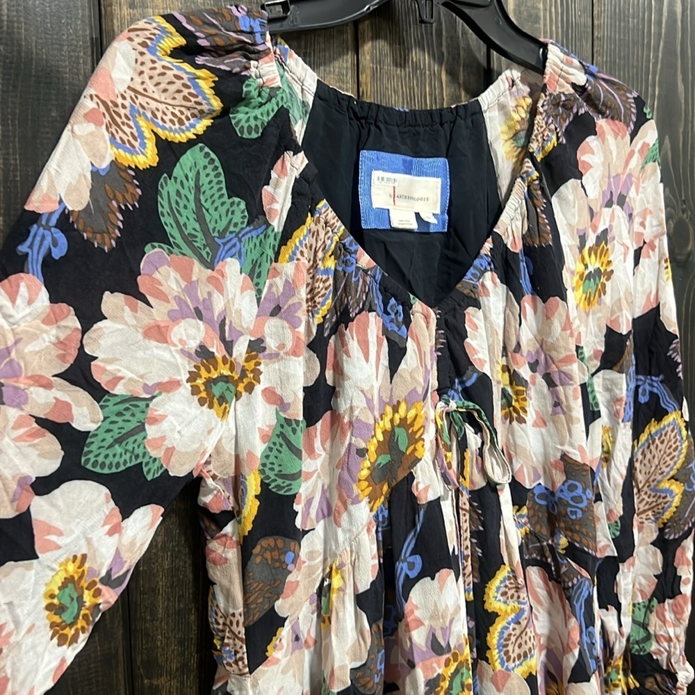 By Anthropologie Floral Tiered Tunic Dress XS V-neck Boho Chic Cottage Garden - Picture 3 of 10